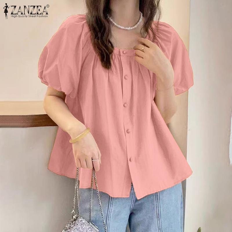 ZANZEA Women Square Collar Summer Casual Loose Half Sleeve Blouse