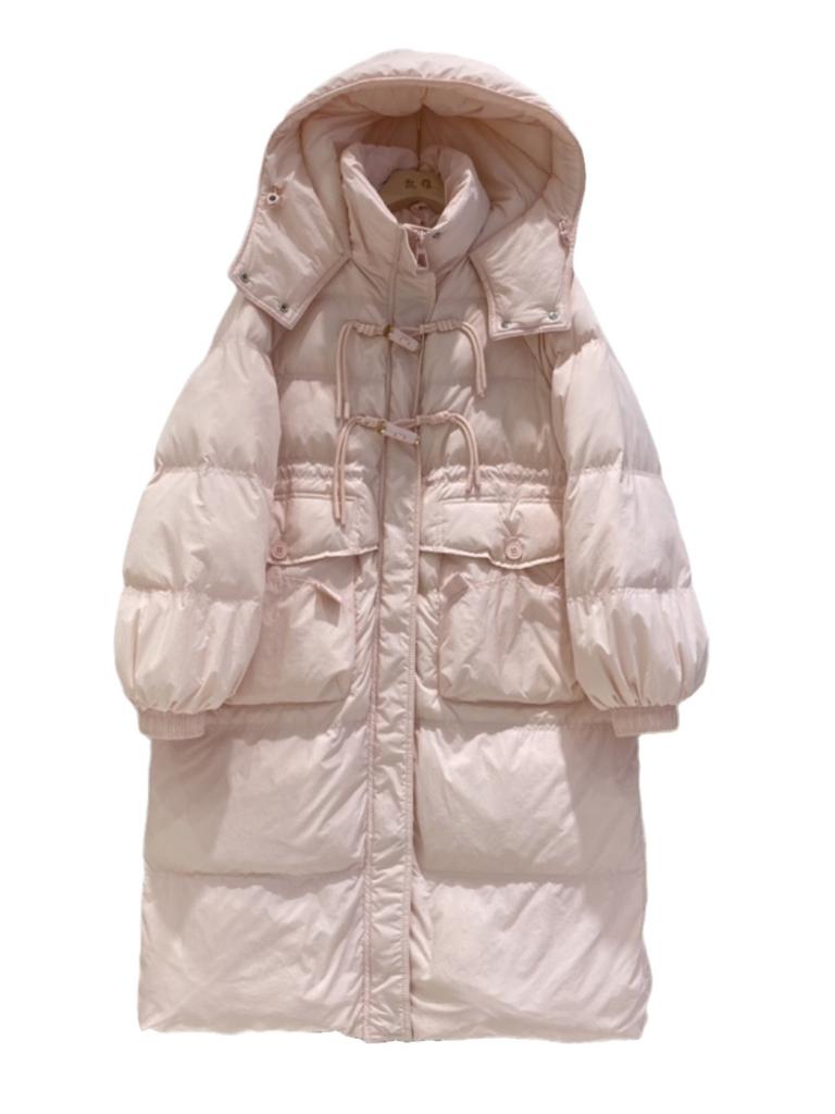 Anti-season autumn and winter new down jacket women's Chinese knot medium and long over the knee hooded waist thickened design sense niche