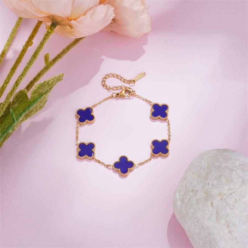 Pulseira de Trevo de Quatro Folhas da Sorte Dupla Face em Ouro 18k com Madrepérola
