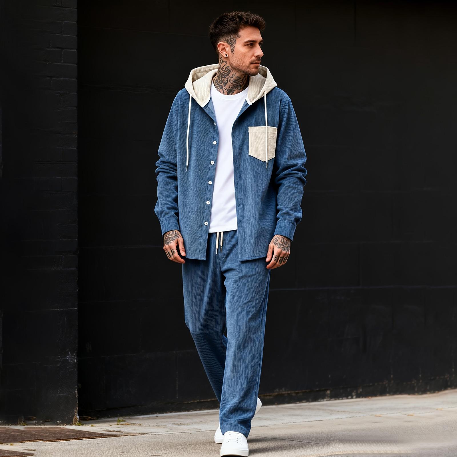 

Men s Colorblock Hooded Sweatshirt Solid Color Trousers Loose Casual Trendy Two Piece Suit XL синій