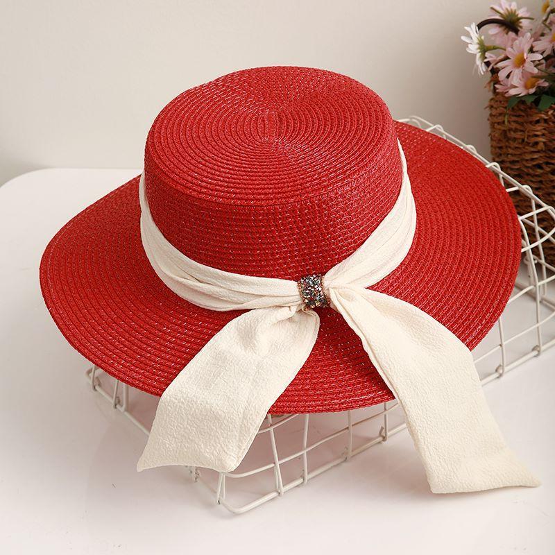 Spring and summer flat top bow sunshade sunscreen top hat casual beach sun hat women's small fresh fashion straw hat