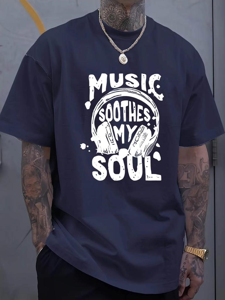 Pánské letní čistě bavlněné měkké ležérní volné tričko s potiskem hudebního motivu uklidňujícím duši, sportovní s kulatým výstřihem a krátkým rukávem, velká velikost