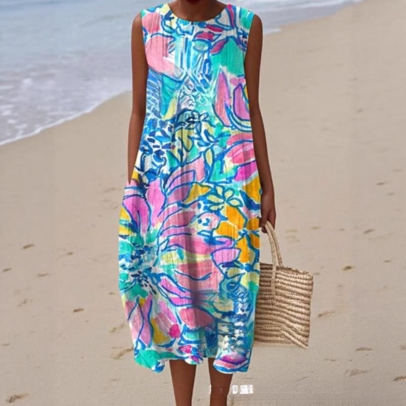 European and American New Summer Flower Ocean Printing European Size Round Neck Sleeveless Long Dress Creative Loose Dress