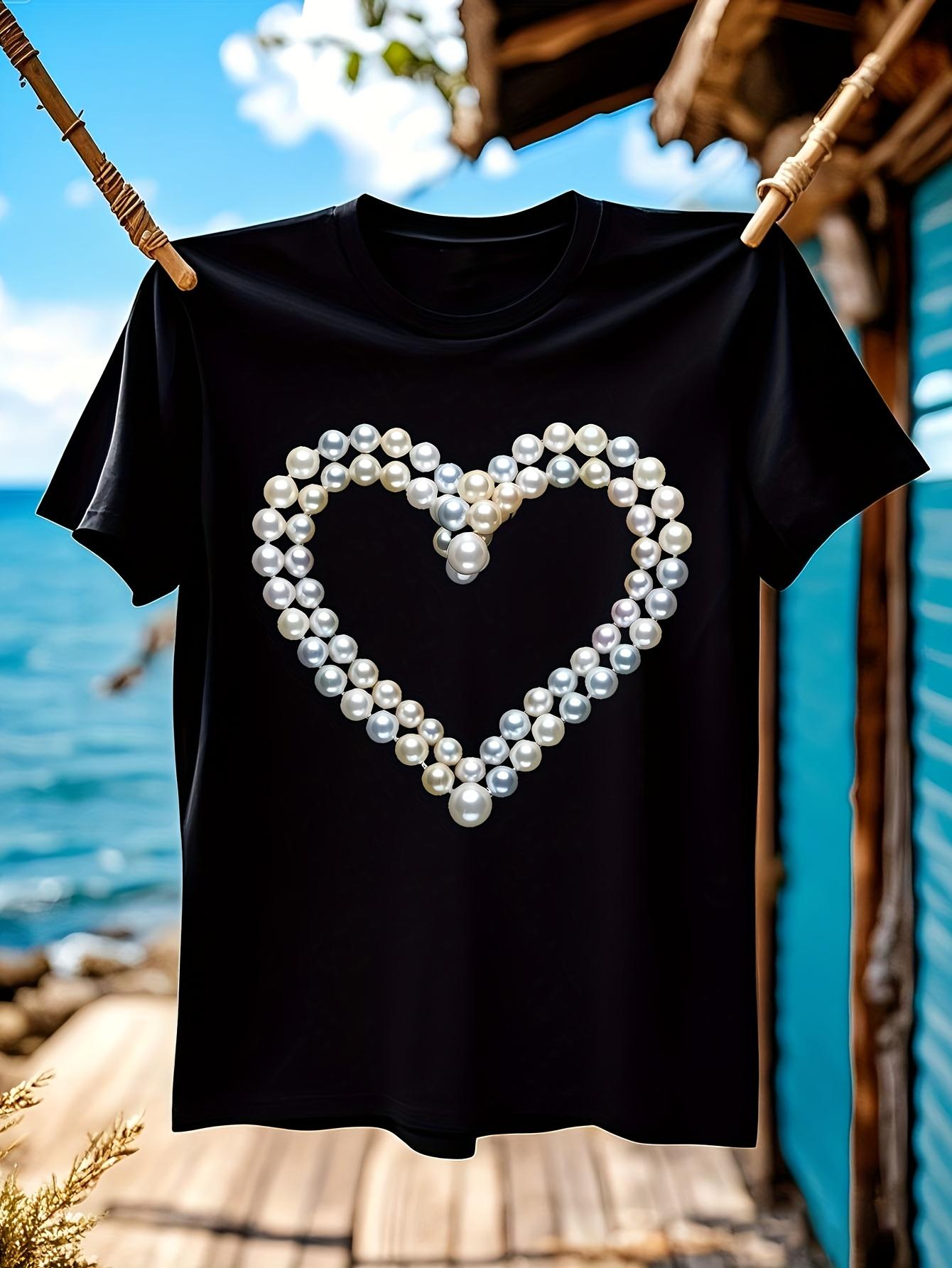 Wo Black Tshirt - Elegant Pearl Heart Design S