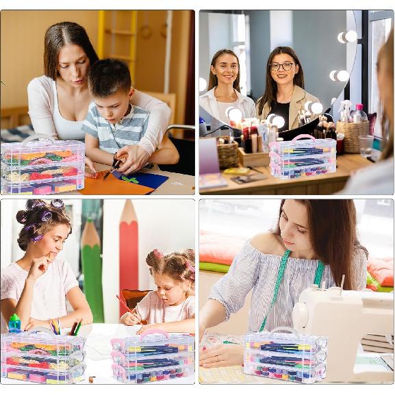 Clear Plastic Pencil Box, 2 x 3 Tier Stackable Table Pen Box, Home Storage Container with Handle, Storage B with Lids, Pencil Case Stationery