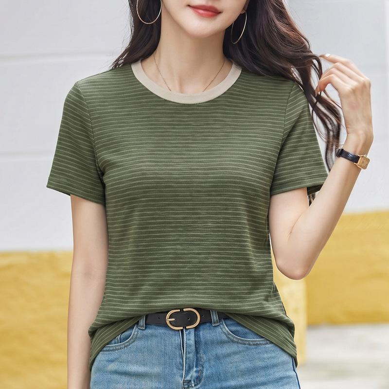 Loose and Versatile Comfortable Short-sleeved T-shirt for Summer. New Style Round-neck Striped Short-sleeved T-shirt for Ladies' Tops.