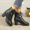 Winter Chunky Women Ankle Boots Lace Up High Heels Designer Retro Shoes New Brand 2025 Trend Fad Leather Pumps Goth Botas Mujer