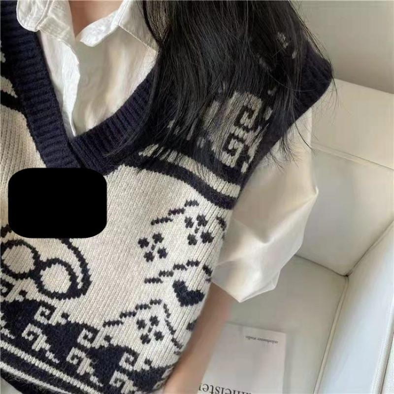 Korean Fashion Sweater Vest Women V Neck Sleeveless Autumn Harajuku Doodle Bear Loose Knitted Pullover