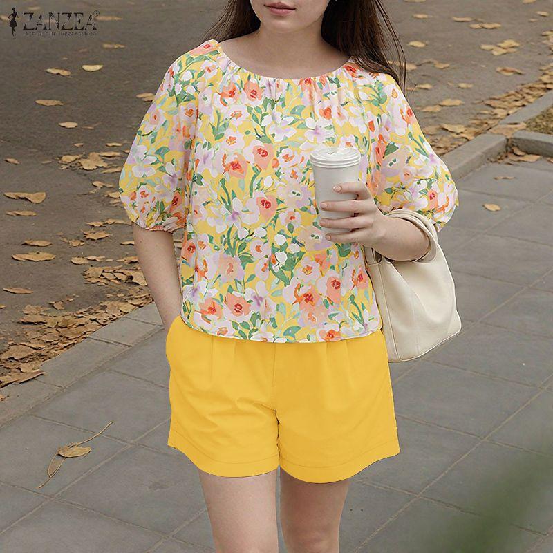 ZANZEA Women Half Sleeve Floral Blouse and Shorts Summer Two Piece Suit Sets