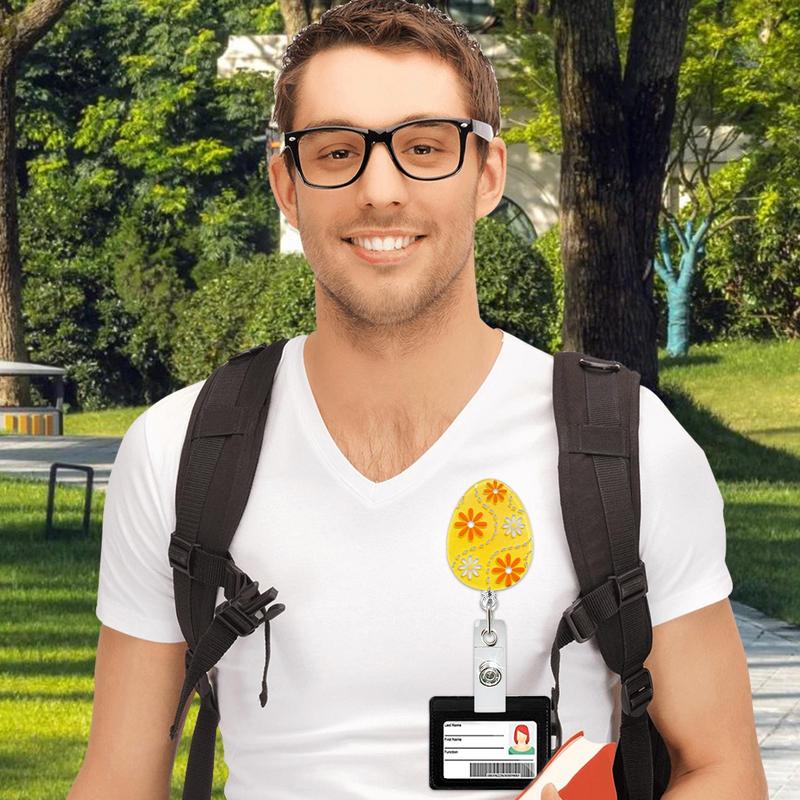 Egg-Shaped Easter Tag Holder Cute Card Clips Retractable Badge Reel Clips for Key Ring ID Card Name Keychain Rotating Buckle