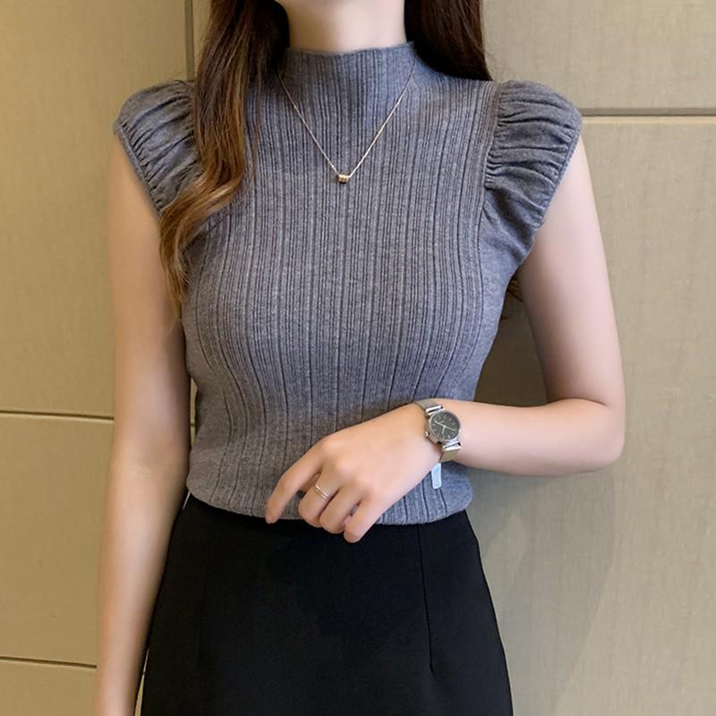 Summer Women's Sexy Solid Color Sleeveless Turtleneck Fashion Slim Knitted Vests