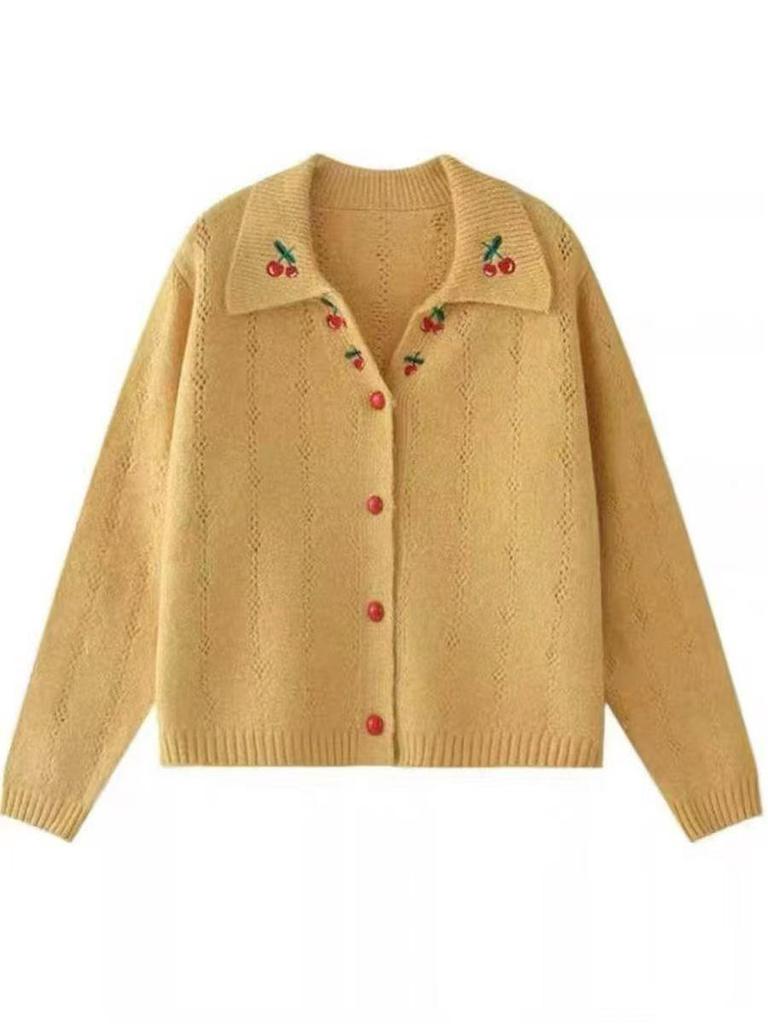 Women's Loose Fit Embroidered Cherry Cardigan