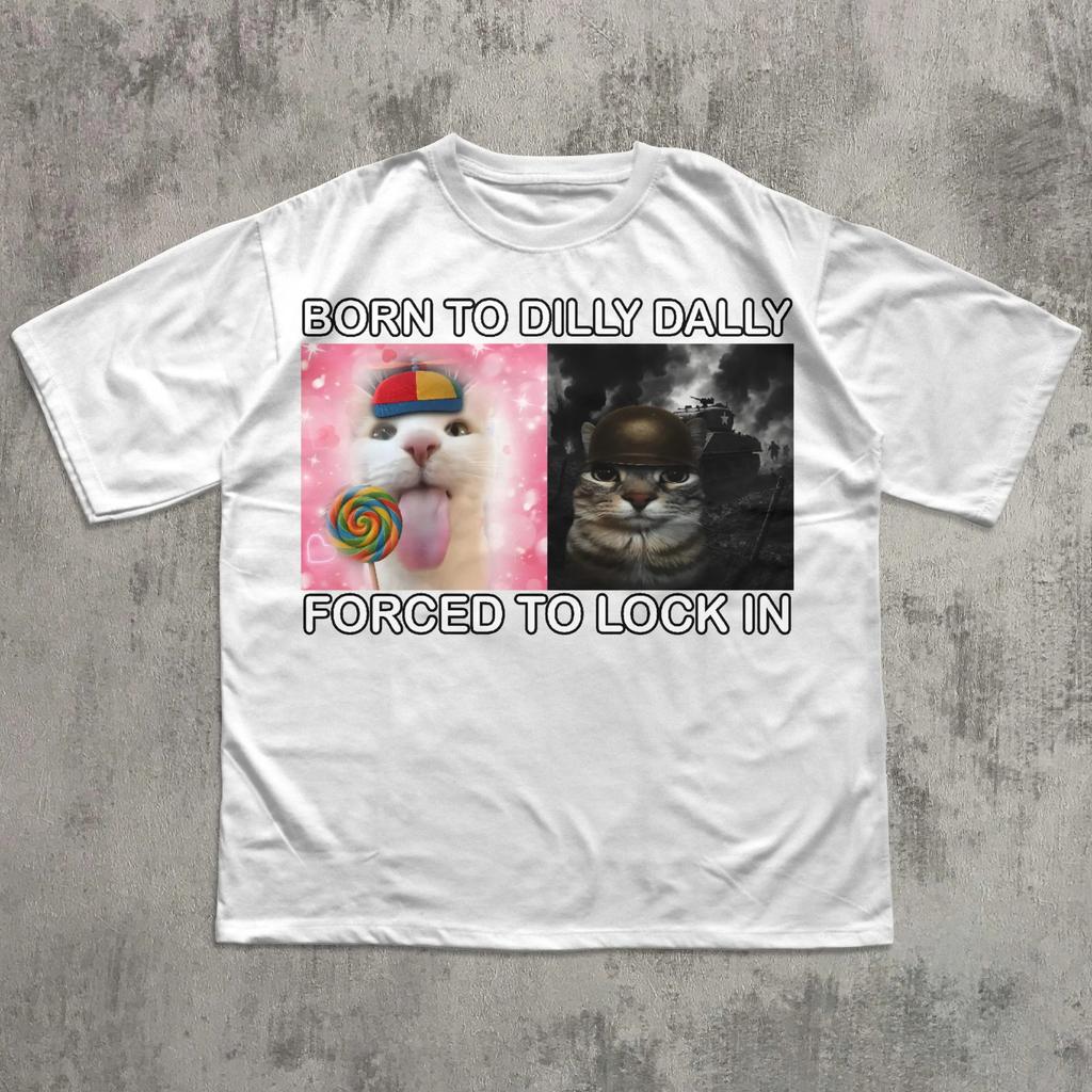 Narozen k prokrastinaci Nucen se soustředit Vtipné kočičí meme tričko Hloupost koček Hloupá trička Nepříčetné tričko Mozkový rozklad tričko