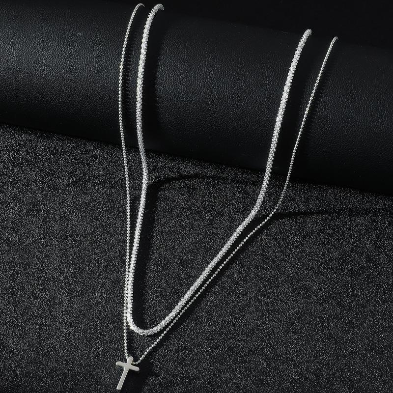 European & American Silver Double Layer Bead Cross Necklace - Minimalist Luxury Jewelry