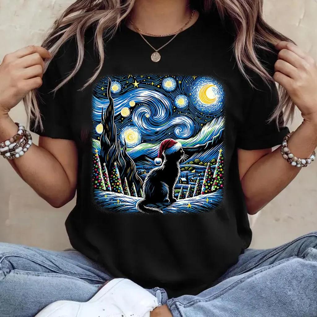 Christmas Kitten  Graphic Tshirt Mens Women Fashion Vintage Tshirts Casual Oversized Tee Shirt Streetwear