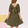Children's Casual Bubble-Sleeve Backless Waist-Tied Bow-Pleated Dress