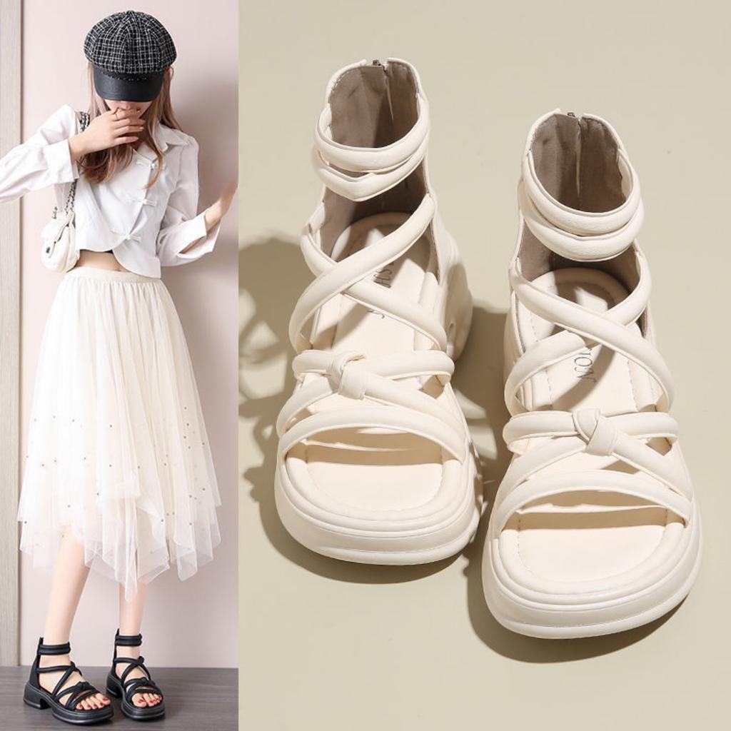 Sandales à plateforme épaisse pour femmes - Bout ouvert, Talon moyen, Design à lacets, Bride réglable, Sandales à plateforme épaisse | Sandales à bride réglable