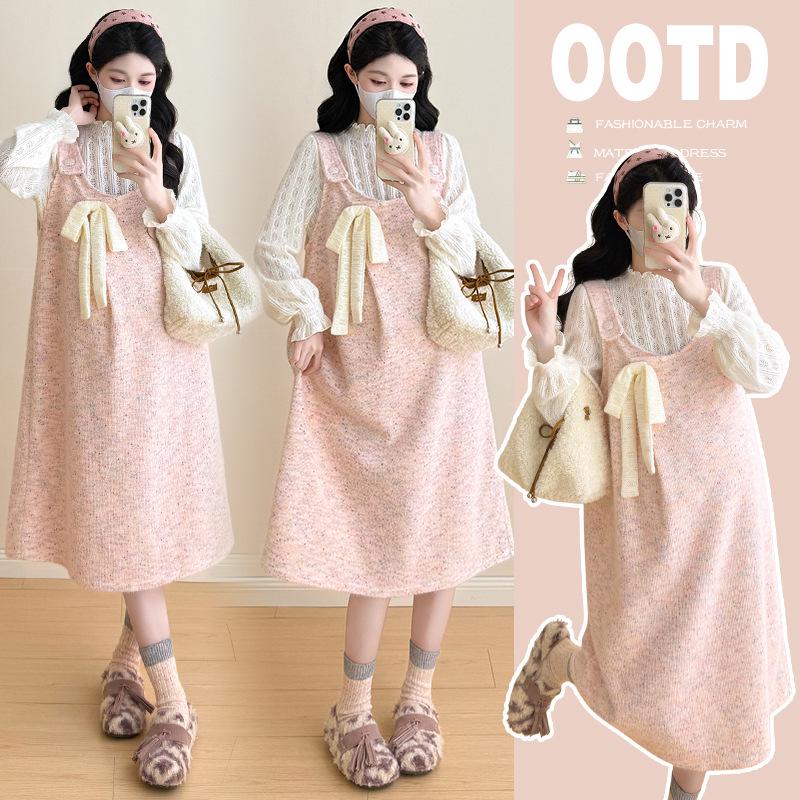 2025 Autumn/Winter Maternity Lace Top & Bowknot Pink Suspender Skirt Set Extra Large