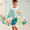 Girls High Neck Long Sleeve Avocado Printed A Line Flared Dress With Fuzzy Collar Cuffs And Bow Waist