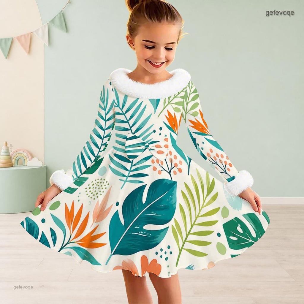 Girls High Neck Long Sleeve Avocado Printed A Line Flared Dress With Fuzzy Collar Cuffs And Bow Waist