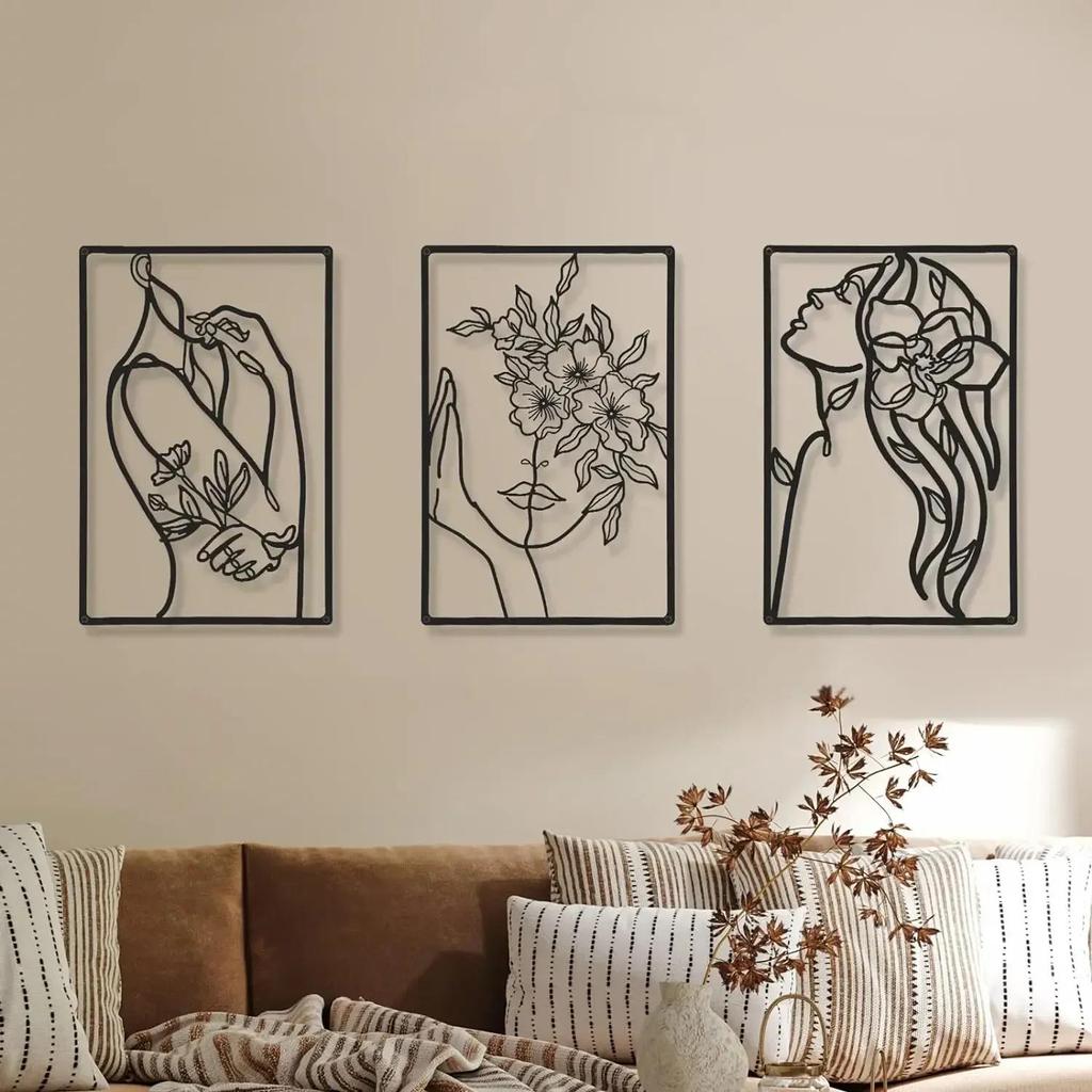3 Pieces Metal Wall Art Abstract Woman Line Drawing Black Home Decor Living Room Kitchen Bathroom Gift