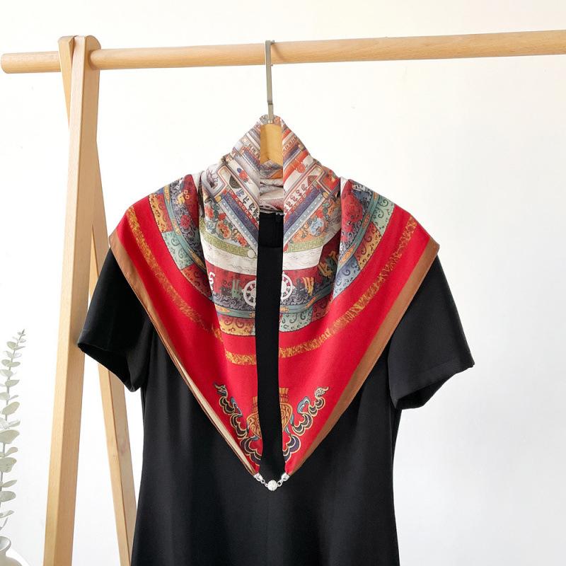 Potato Shiny National Style Silk Scarf Magnetic Buckle Necklace Pendant Square Scarf Neck Scarf Shawl Dual-purpose Sunscreen Scarf