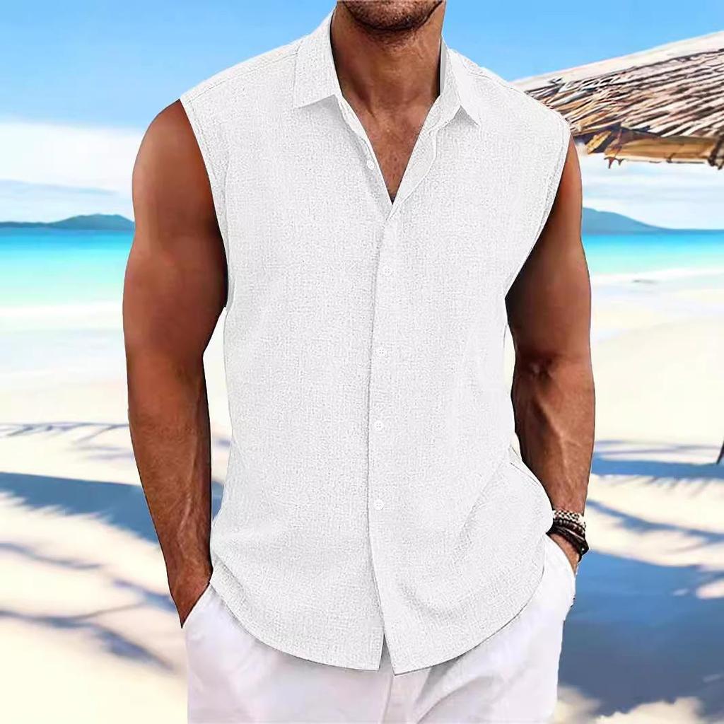 Hawaiian Men's Cotton Linen Sleeveless Beach Shirt