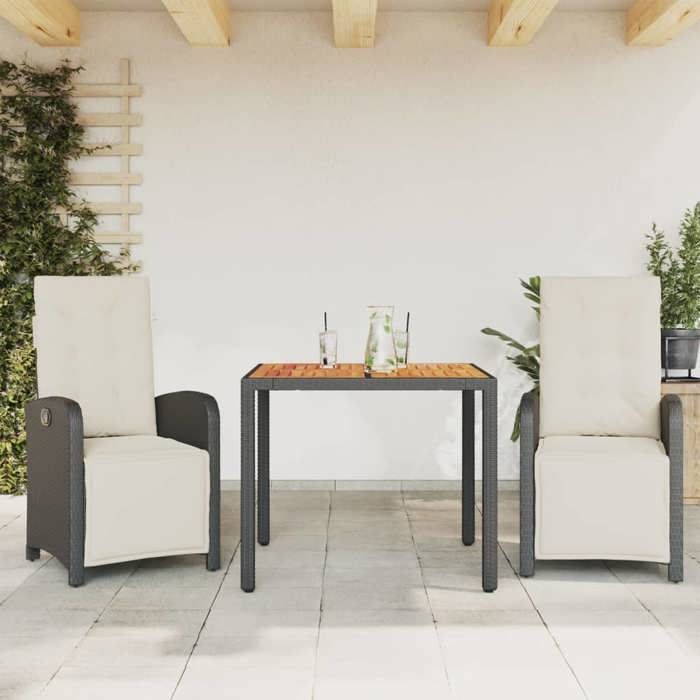 VidaXL Ensemble de Bistro avec Coussins 3 pcs, Chaises et Table de Patio, Meubles de Terrasse Extérieur, Moderne, Noir 3212468