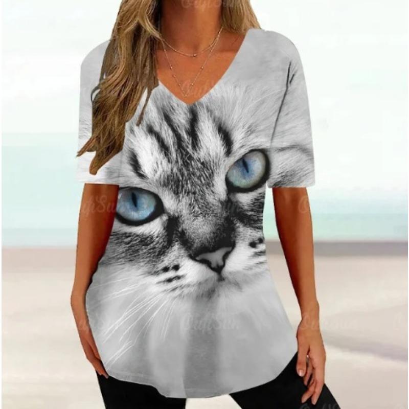 Summer V-neck 3D Cartoon Cat Printed Top Fashionable Casual Short Sleeved Women's T-shirts
