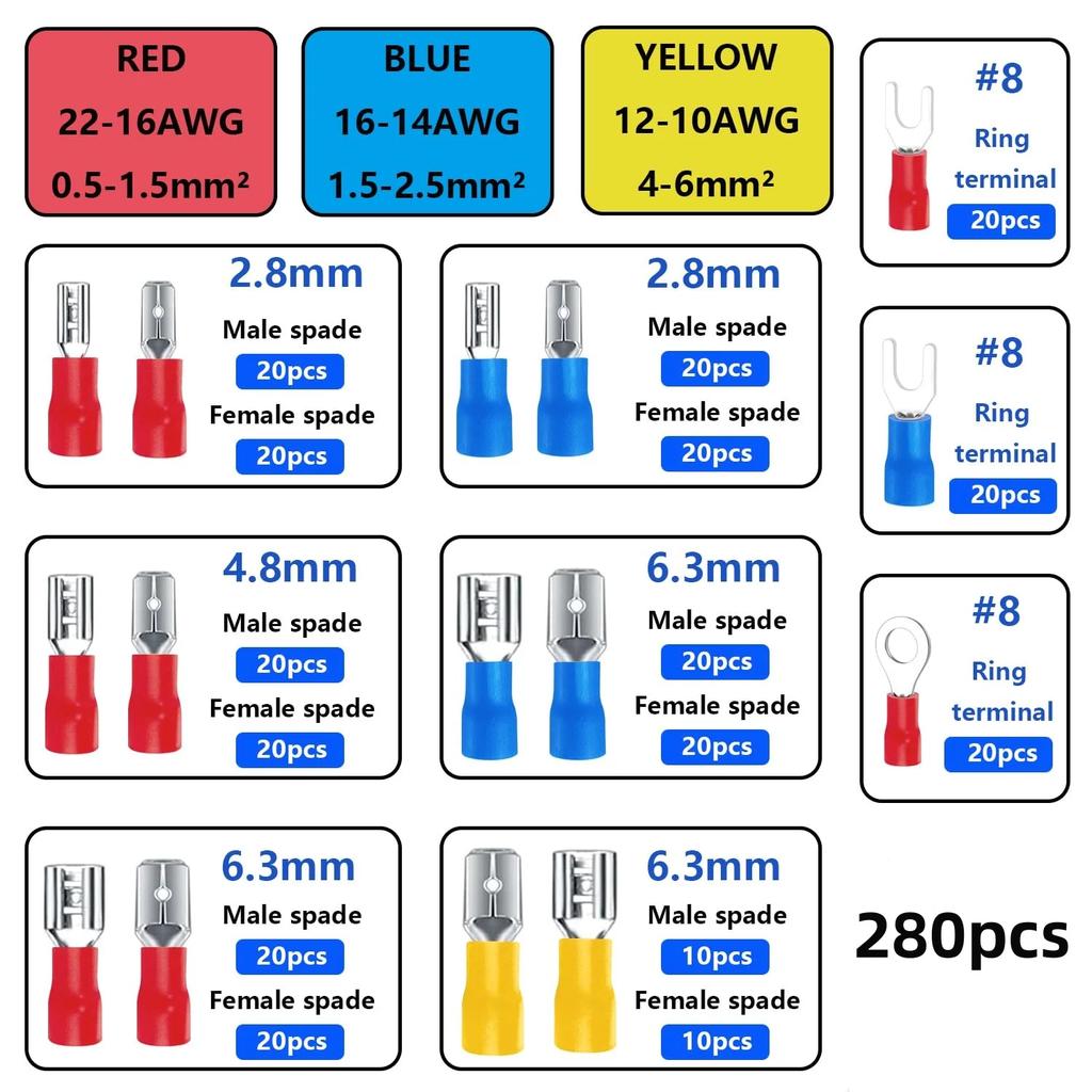 280pcs Electrical Tube Insulated Terminal Crimp Terminals Red Blue Yellow Durable Wire CableConnector Terminal Connectors