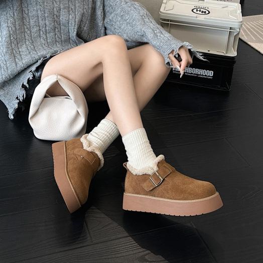 Leather retro women's autumn and winter models, leather velvet thickened warm fluffy shoes, platform casual cotton shoes