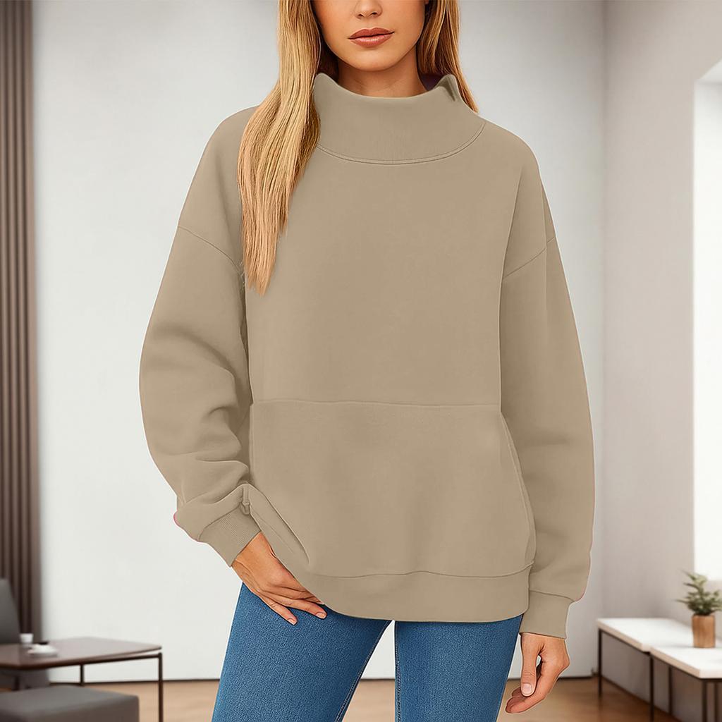 Women's Fashionable Casual Solid Color Round Neck Long Sleeved Pocket Sports Casual Pullover Sweatshirt Top