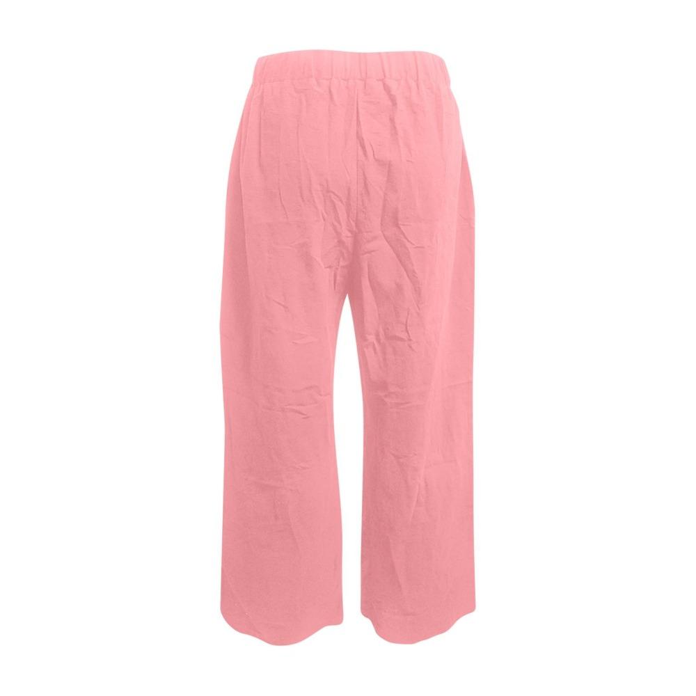 Ladies Solid Color Cotton Linen Elastic Waist Loose Wide Leg Pants Casual Pants