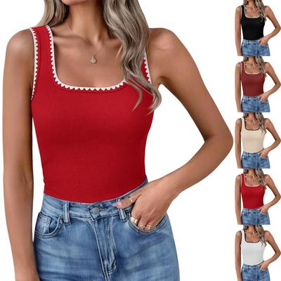 Women Square Neck Sleeveless Tank Top with Trim Fitted Stretchy Basic Camisole for Casual Daily Wear