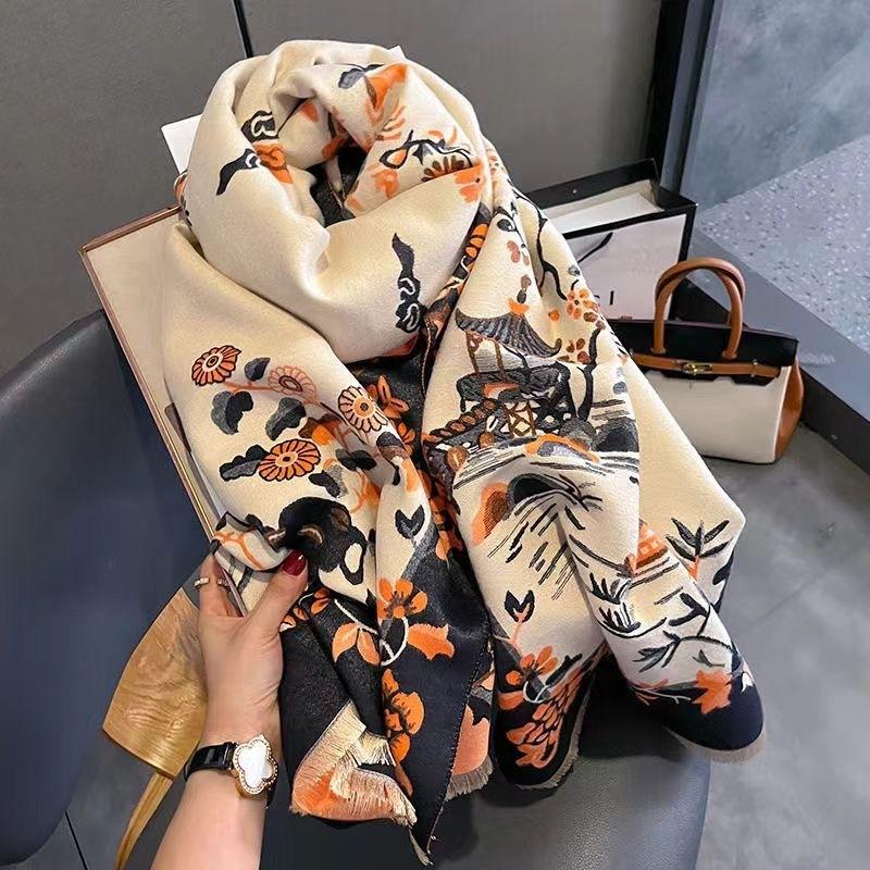 Autumn and Winter Landscape Classic Print Thickened Warm Women's Shawl Imitation Cashmere Skin Friendly Short Fringed Scarf