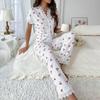 Set de pijama pentru femei cu imprimeu de cireșe, cu dantelă și decolteu în V: Tricou cu mânecă scurtă și pantaloni scurți