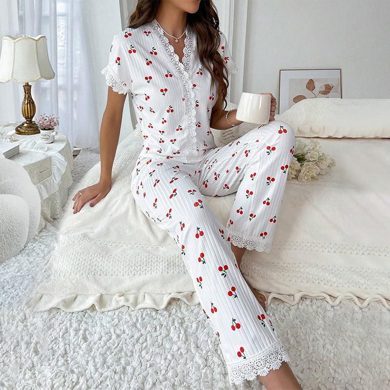 Women's Cherry Print V-Neck Lace Pajama Set: Short Sleeve T-Shirt & Shorts