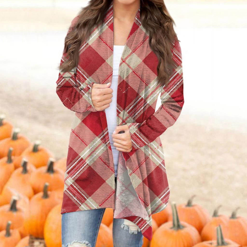 Women's Casual Fashion Plaid Print Half-open Collar Mid-length Irregular Hem Cardigan Jacket