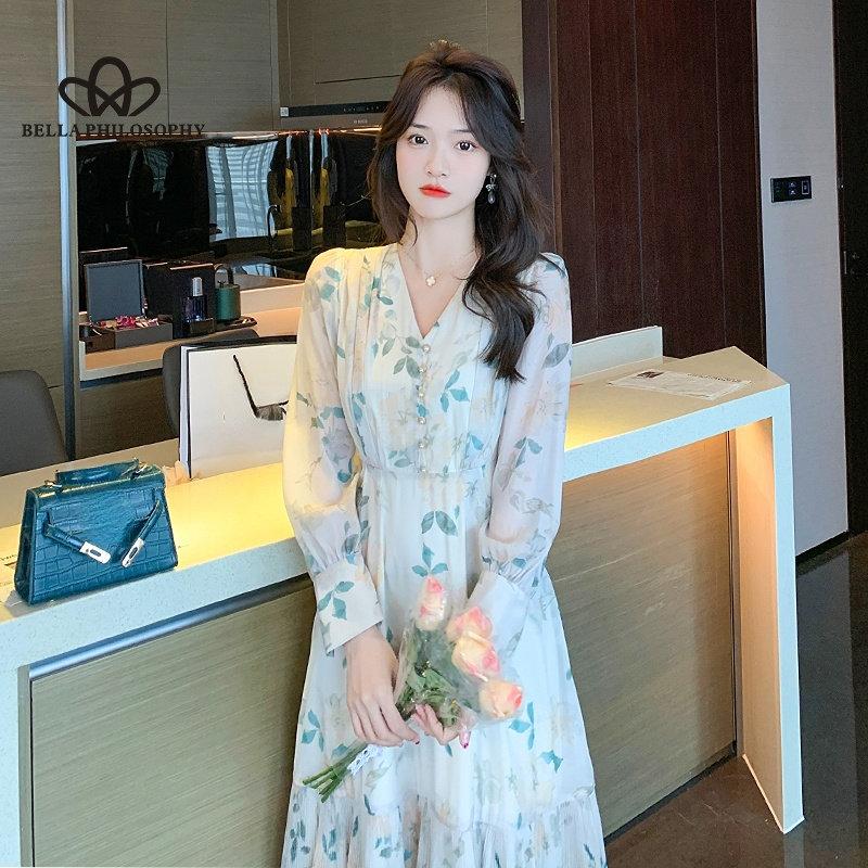 Bahar Zarif Şifon Uzun Elbise Uzun Kollu Sonbahar Rahat Zayıflama Nazik Çiçek Elbise