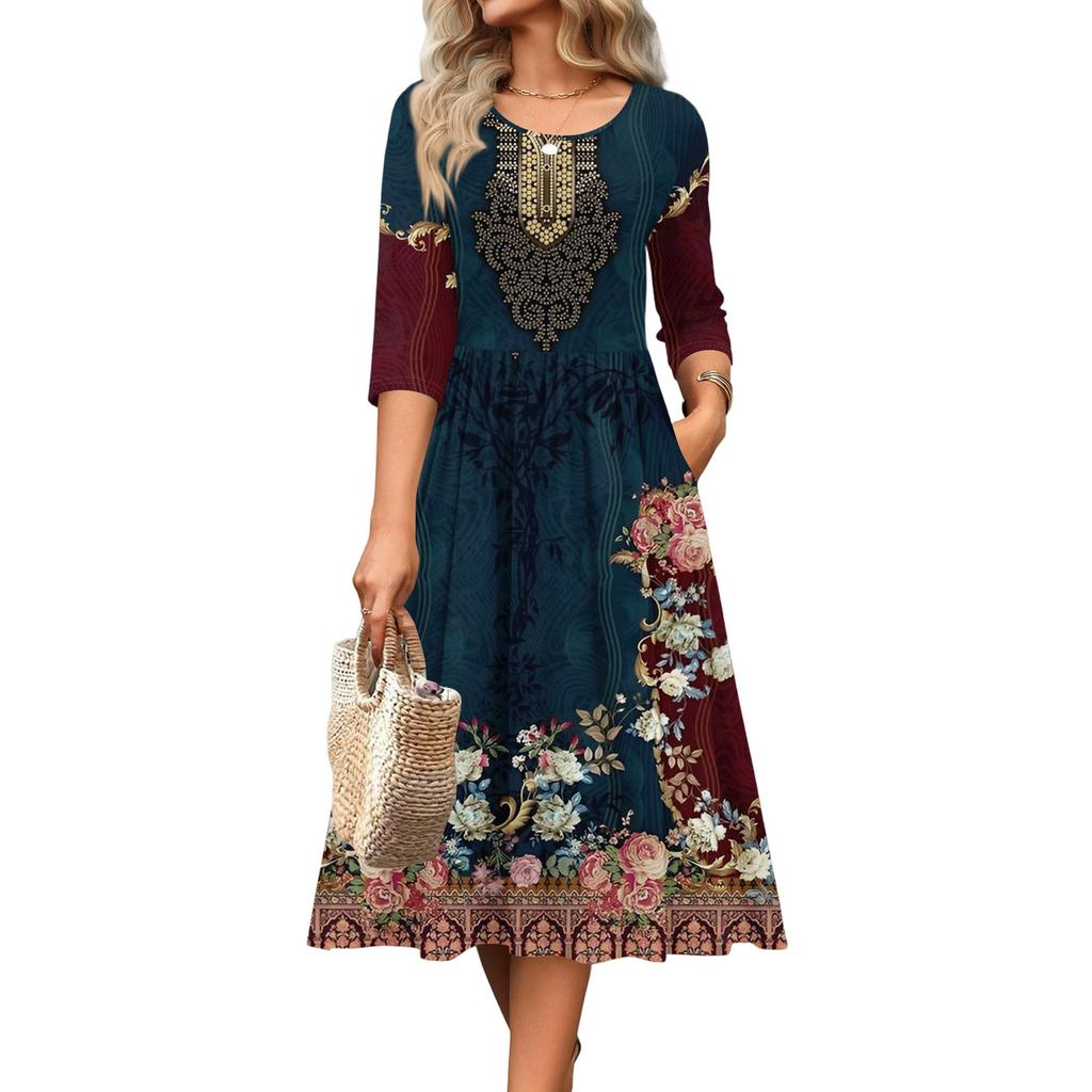 Rochie de damă cu mâneci 3/4, casual, fluidă, în A, midi, tip tricou, cu buzunare, cu gât rotund, pentru vacanță, boho, de plajă, de vară