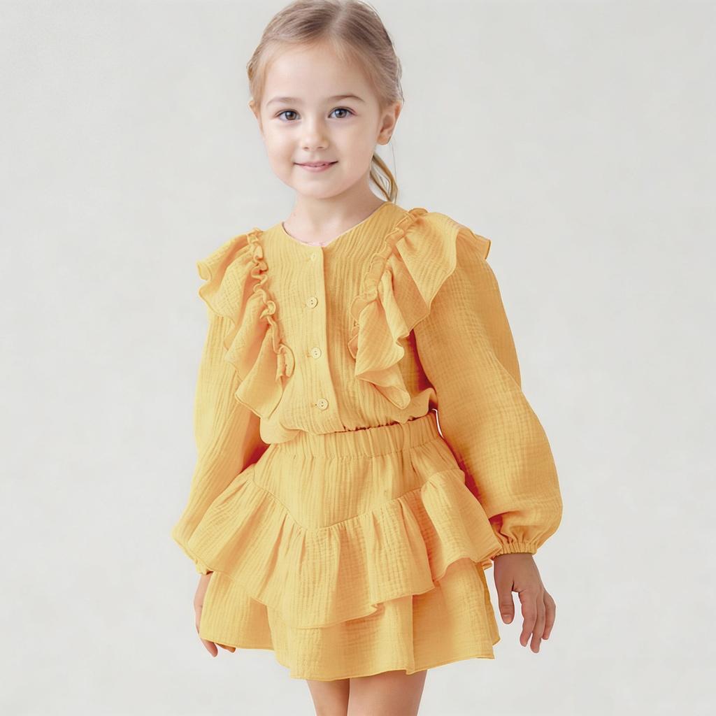 Girls Cotton Blouse with Flutter Sleeves and Ruffle Skirt Set Two Piece Outfit Soft Lightweight Fabric Comfortable Fit Spring Autumn