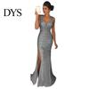 Bride Wedding Dress Women Evening V Neck Mesh Patchwork Sequin Sleeveless Split Hem Formal Attire Mermaid Shape Slim Fit Prom Party Banquet