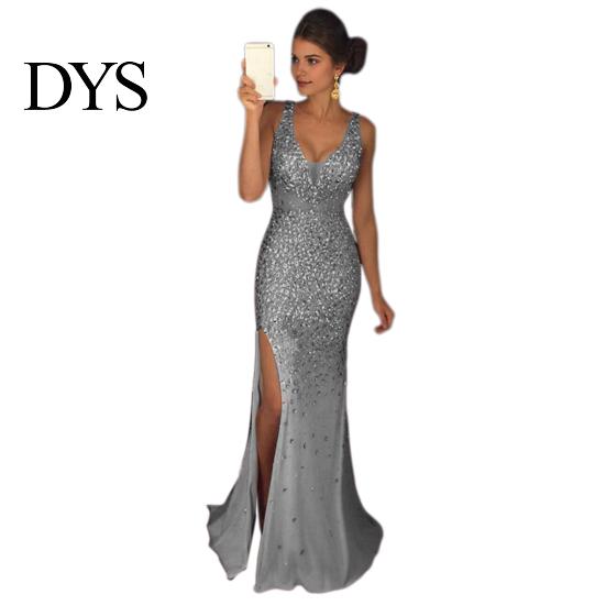 Bride Wedding Dress Women Evening V Neck Mesh Patchwork Sequin Sleeveless Split Hem Formal Attire Mermaid Shape Slim Fit Prom Party Banquet
