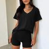 2 Pcs/Set Women T-shirt Shorts Set Suit V Neck Short Sleeves Solid Color Loose Top High Waist Mini Shorts Sport Outfit Casual Daily Tracksuit