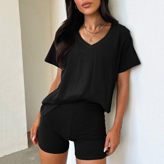 2 Pcs/Set Women T-shirt Shorts Set Suit V Neck Short Sleeves Solid Color Loose Top High Waist Mini Shorts Sport Outfit Casual Daily Tracksuit