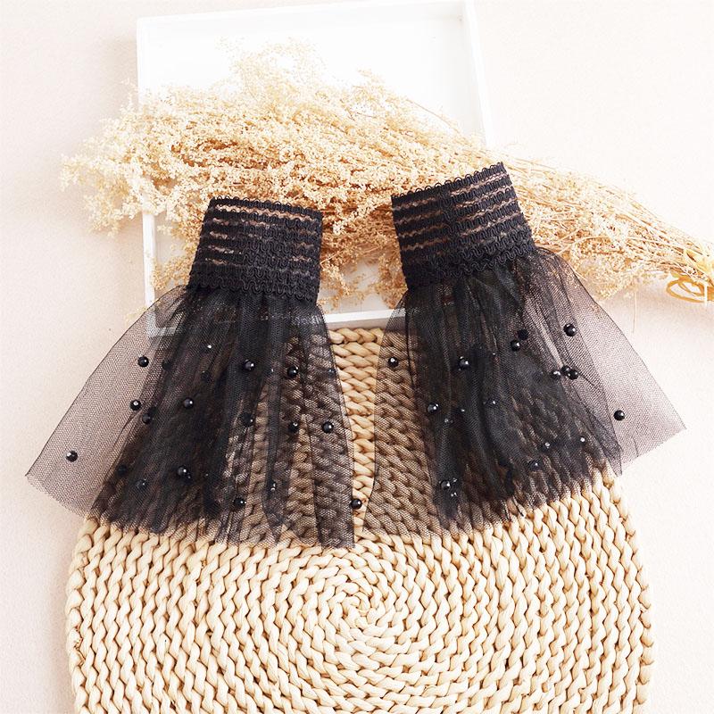 1Pair Detachable Cuffs Pearl Lace Mesh Fake Flared Sleeves Double Layer Pleated Ruched False Cuffs Sweater Blouse Wrist Warmers
