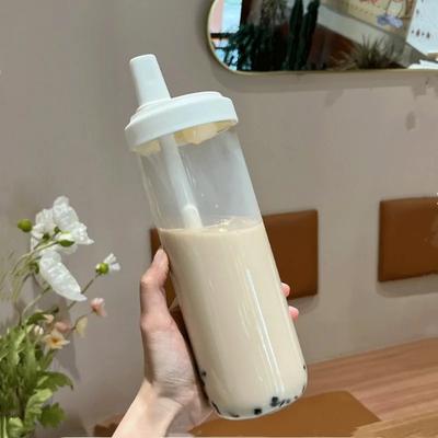 500/850ml Großvolumige Wasserflaschen Milch Saft Glasbecher mit Deckel Strohhalm Bubble Tea Kaffeebecher Trinkgeschirr Transparent
