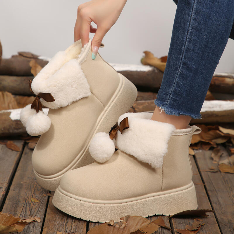 Fashion Soft Thick Bottom Furry Snow Boots Women 2025 Winter Chunky Platform Fluffy Fur Ankle Boots Cute Plush Ball Bowknot Cotton Shoes