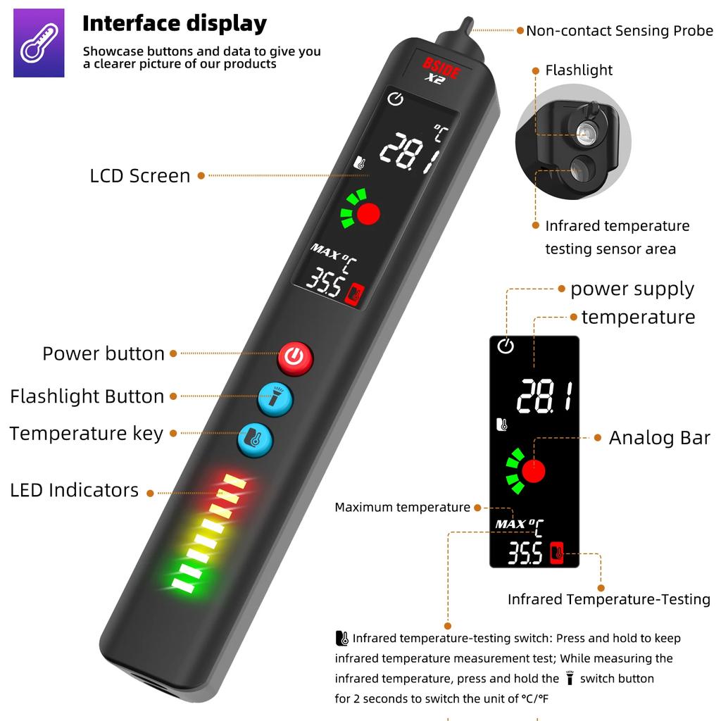 Spannungsprüfer Teststift Intelligentes Multimeter X2 Infrarot-Thermometer stromführender Draht NCV Durchgangsprüfer X2A Digitales Multimeter