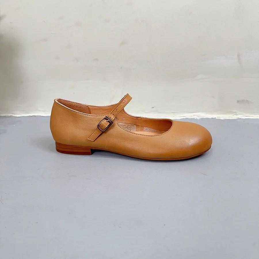 

Johnature/туфли на низком каблуке из натуральной кожи с мелкой пряжкой, однотонные универсальные женские туфли-лодочки с круглым носком 38 верблюд